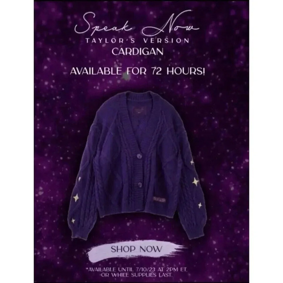 Taylor Swift Speak Now Taylor's Version Cardigan Purple Gold Stars - Picture 1 of 6